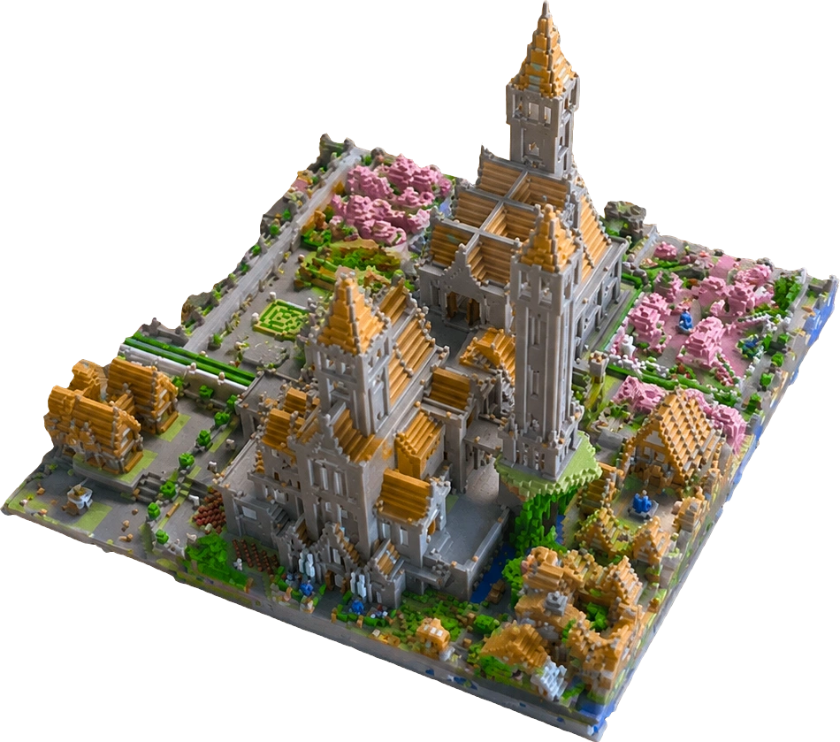A full-color 3D-printed model of a Minecraft cathedral build